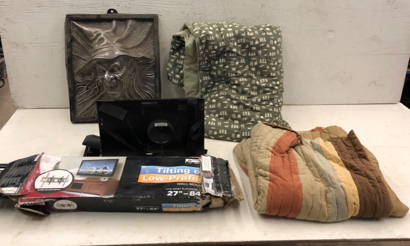 lot 118 image: Lot Of T.V. Mounts, Household Decor,  Blankets