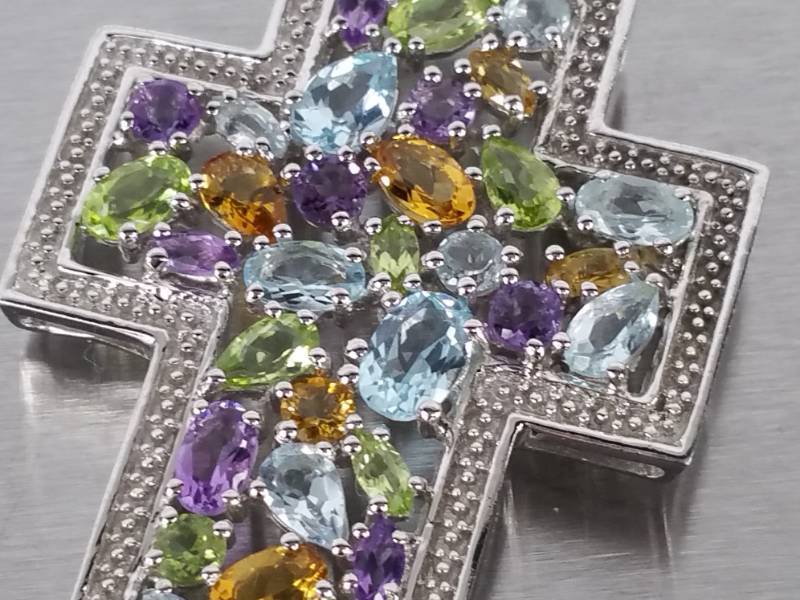 lot 50 image: Multi Colored Gemstone Cross Estate Pendant in Sterling Silver
