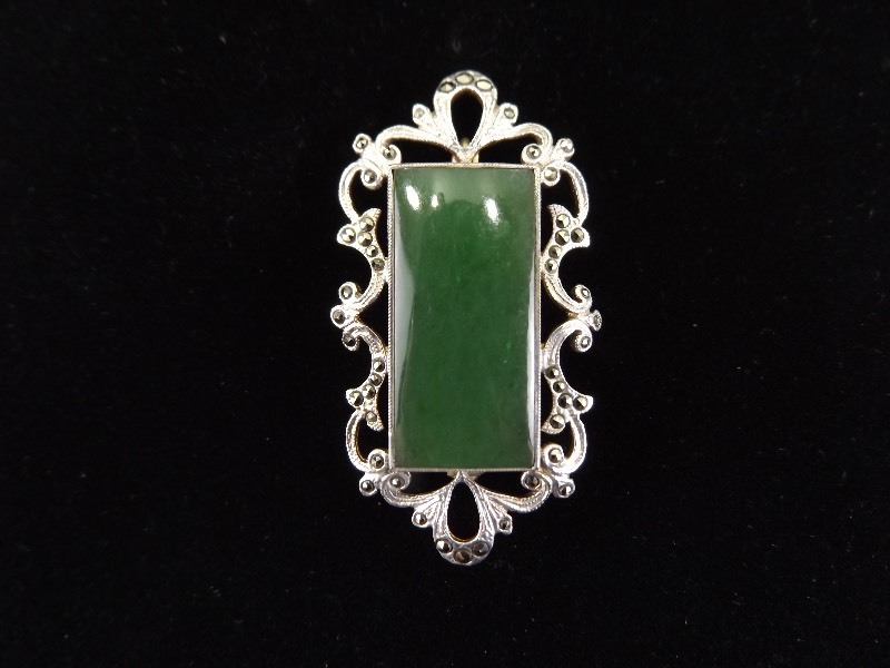 .925 Sterling Silver Antique Large Emerald Baguette Art Nouveau Brooch