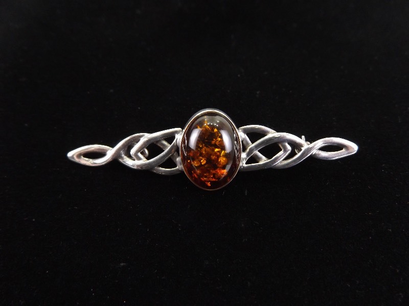 .925 Sterling Silver Amber Cabochon Celtic Brooch