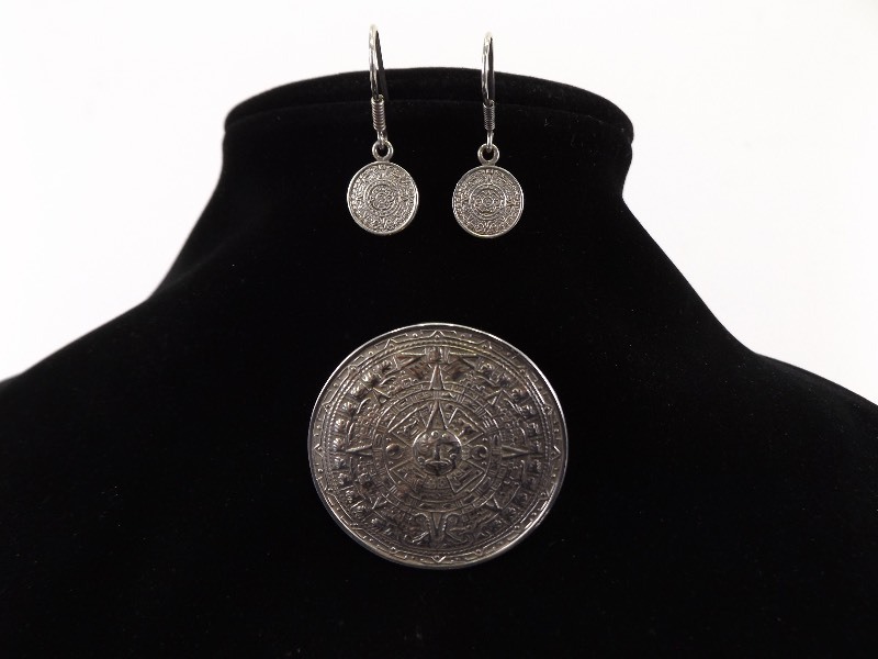 .925 Sterling Silver Aztec Calendar Brooch and Earring Set