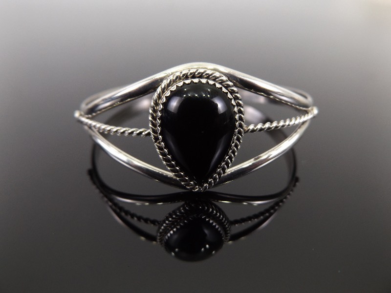 .925 Sterling Silver Black Onyx Cabochon Open Bangle Bracelet