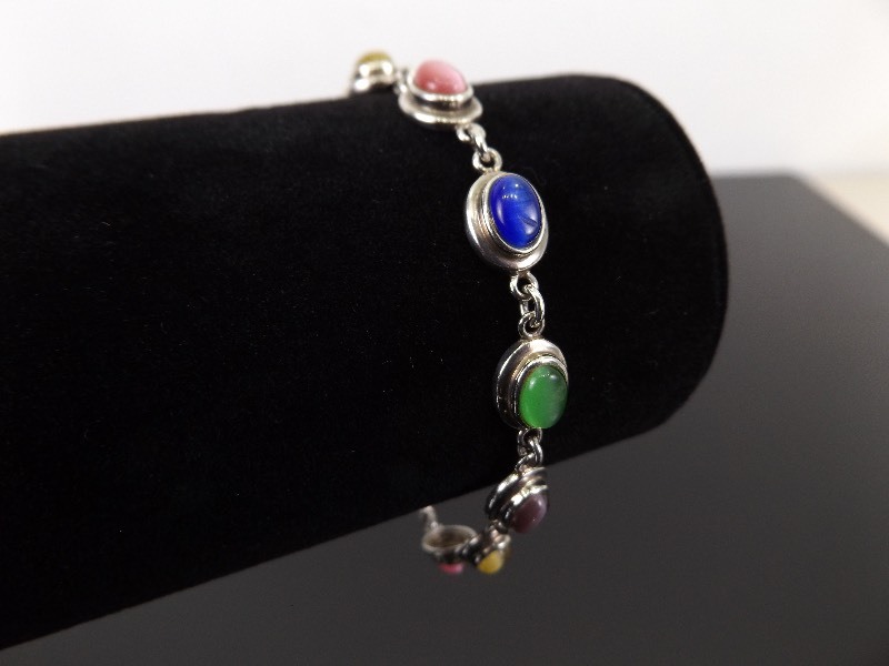 .925 Sterling Silver Multi Color Chrysoberyl Cats Eye Cabochon Bracelet