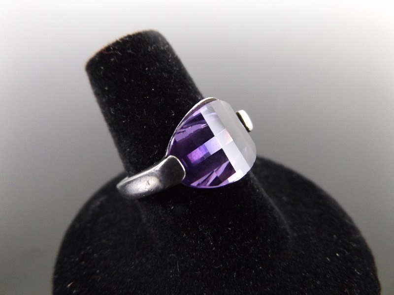 .925 Sterling Silver Checkerboard Faceted Amethyst Ring Size 7.5