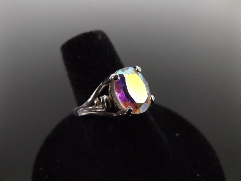 .925 Sterling Silver Faceted Aurora Borealis Crystal Ring Size 6.5