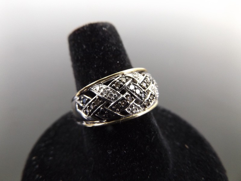 .925 Sterling Silver and 14k Shoulder Diamond Art Nouveau Ring Size 7.25