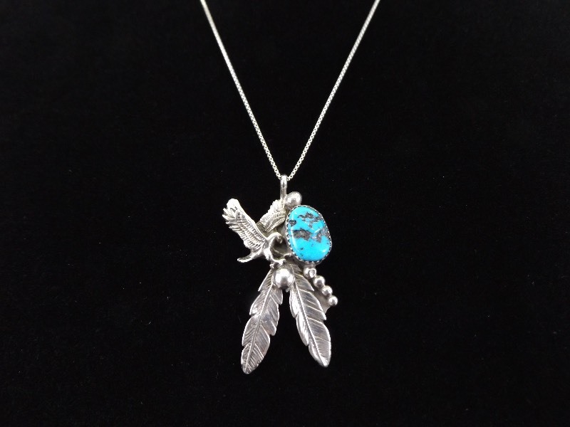 .925 Sterling Silver Zuni Eagle Feather Turquoise Pendant Necklace