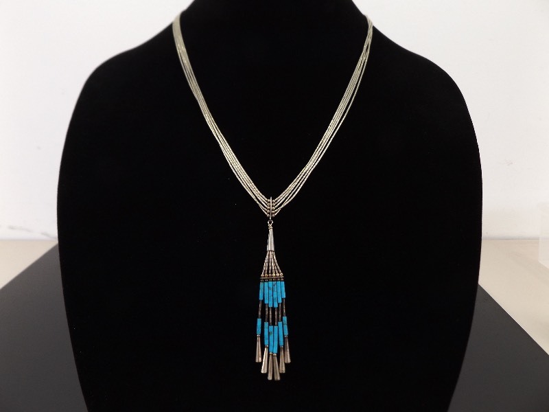 .925 Sterling Silver Zuni Turquoise Tube Multi Strand Dangle Necklace