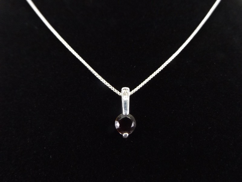 .925 Sterling Silver Faceted Deep Red Garnet Diamond Accented Pendant Necklace