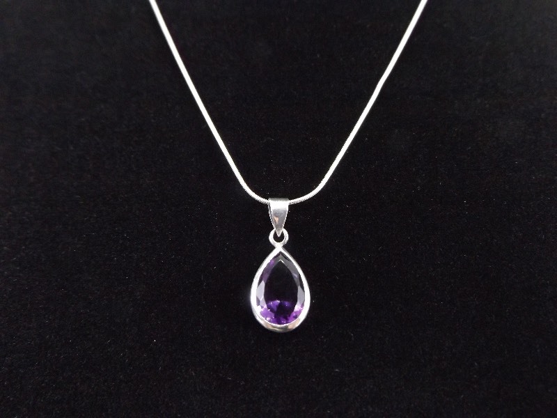 .925 Sterling Silver Pear Cut Amethyst Crystal Pendant Necklace