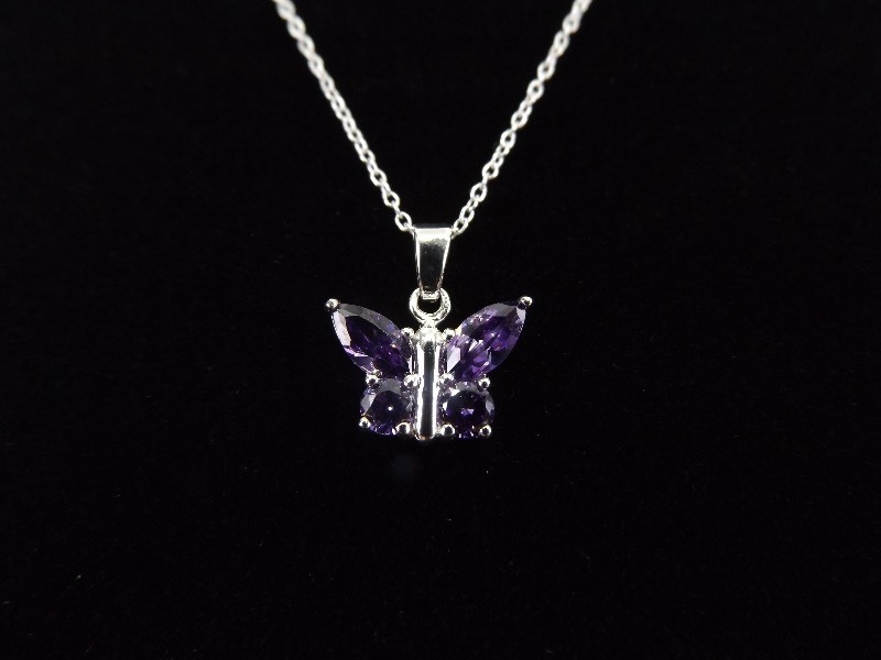 .925 Sterling Silver Amethyst Crystal Butterfly Pendant Necklace
