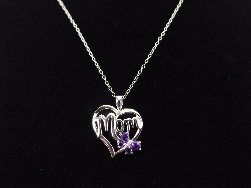 .925 Sterling Silver Amethyst Butterfly Mom Heart Pendant Necklace