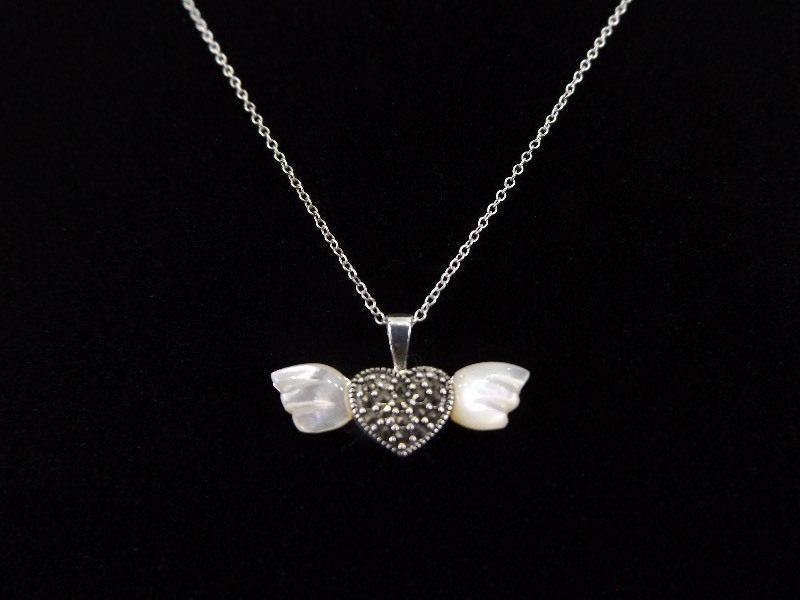 .925 Sterling Silver Mother of Pearl Art Deco Winged Heart Pendant Necklace