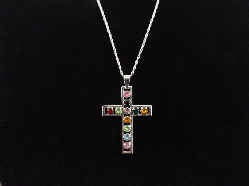 .925 Sterling Silver Large Multi Color Faceted Crystal Cross Pendant Necklace