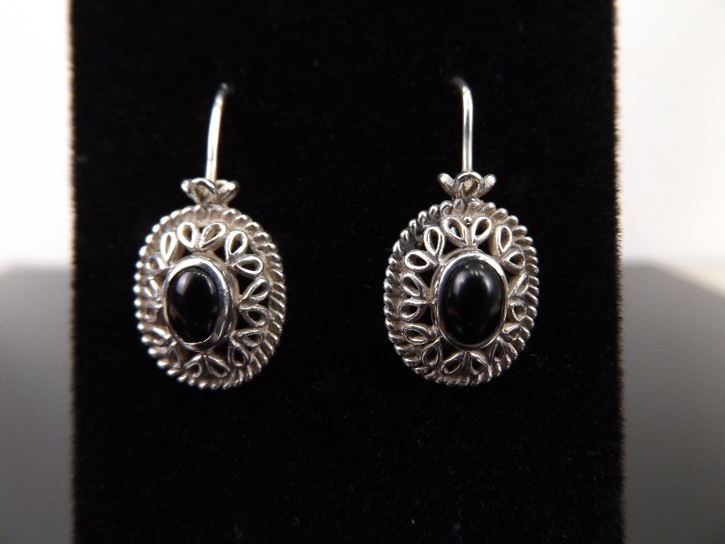 .925 Sterling Silver Black Onyx Cabochon Earrings
