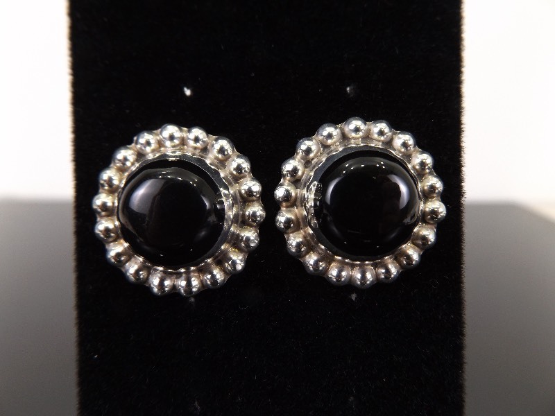 .925 Sterling Silver Black Onyx Cabochon Earrings