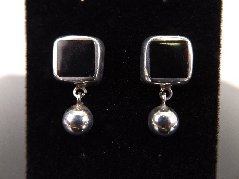 .925 Sterling Silver Inlayed Black Onyx Ball Dangle Earrings