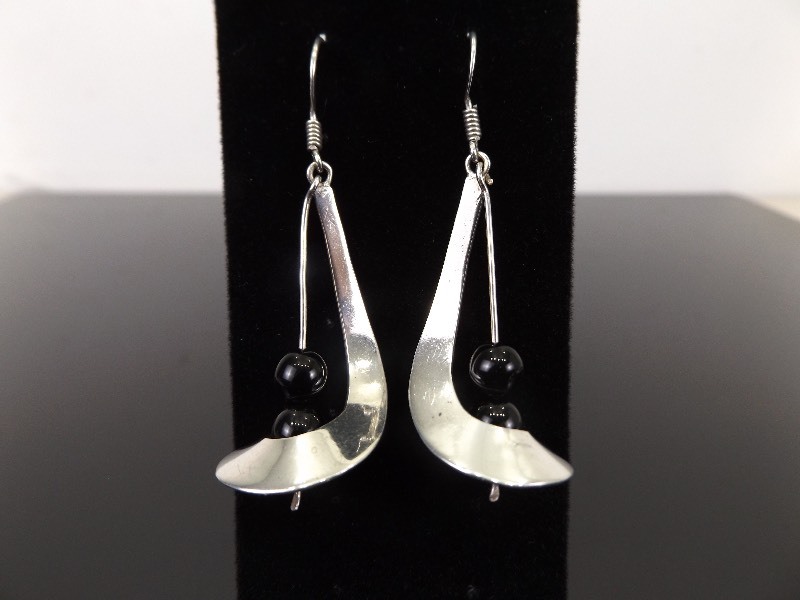 .925 Sterling Silver Black Onyx Ball Swirl Dangle Earrings