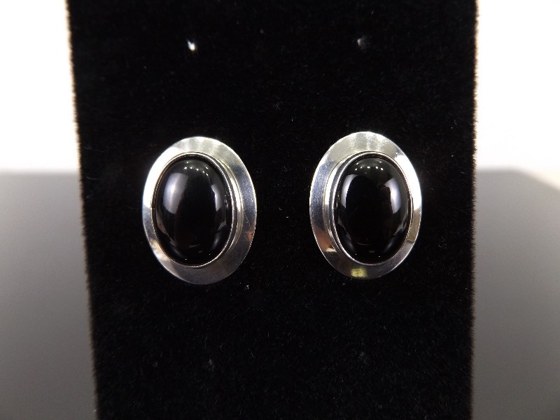 .925 Sterling Silver Black Onyx Cabochon Earrings