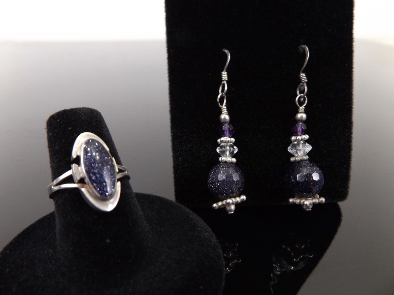 .925 Sterling Silver Purple Sparkle Earrings and Ring Size 6.75