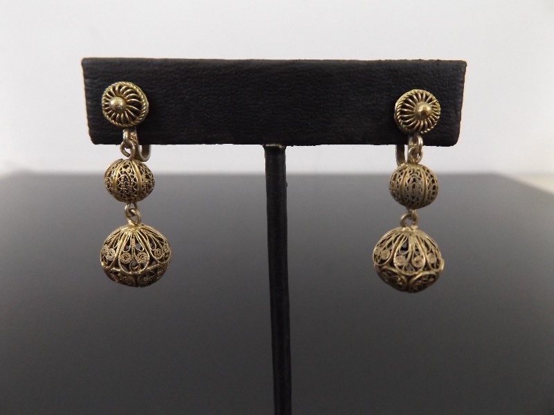 .925 Sterling Silver Antique Filigree Ball Dangle Earrings