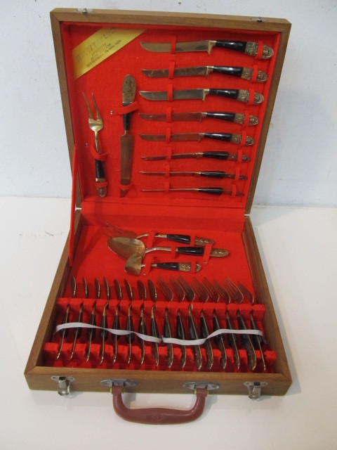 lot 13 image: Vintage Black & Brass SIAM Flatware Set wCase
