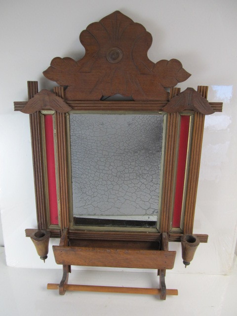 lot 40 image: Antique Victorian Eastlake Wall Mirror wCandle Holders & Towel hanger