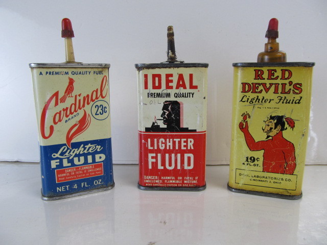 lot 55 image: 3 Vintage Advertising Lighter Fluid Handy Oil Cans