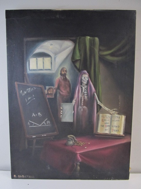 lot 65 image: Unusual Signed Vintage Oil on Canvas Macabre Life Is A Loan Painting - Sabatini 