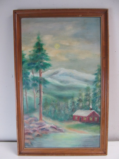 lot 66 image: Vintage Signed Folk Art Cabin Scene Oil Painting