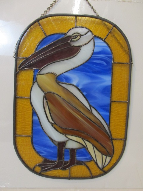 lot 90 image: Vintage Stained Glass Pelican Wall Hanging