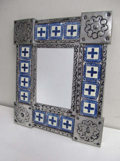 lot 111 image: Tin Wall Mirror wCeramic Tile Border