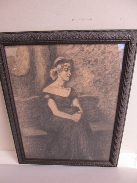 lot 114 image: Framed Antique Charcoal Portrait of a Woman