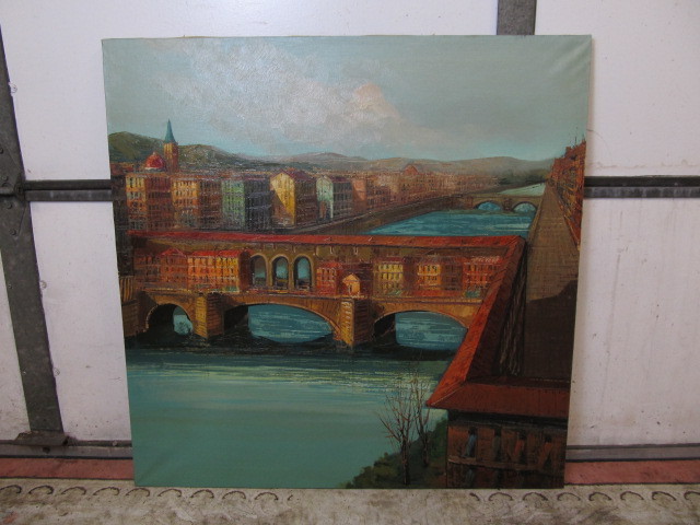 lot 151 image: Large Signed Vintage Mid Century Oil On Canvas River & Bridge Painting