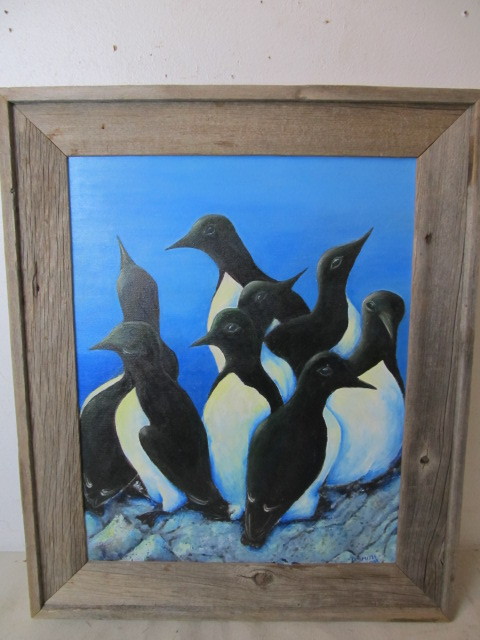 lot 154 image: Barnwood Framed & Signed Oil Painting - Penguins 