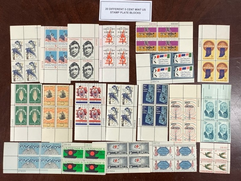 (20) Different 5-Cent Stamp Blocks