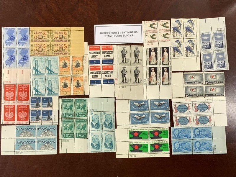 (20) Different 5-Cent Stamp Blocks