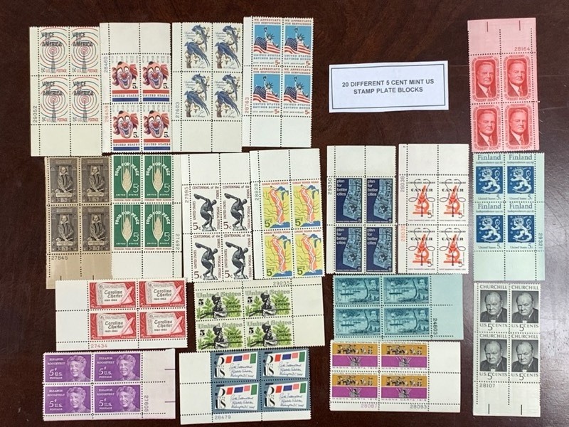 (20) Different 5-Cent Stamp Blocks