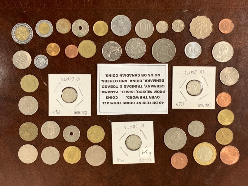 (40) Coins From Around The World & (3) Canadian Dimes