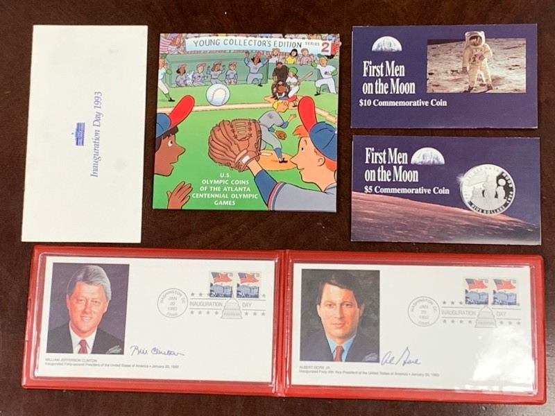 (2) Commemorative Coins & 1993 Inauguration Stamp Display