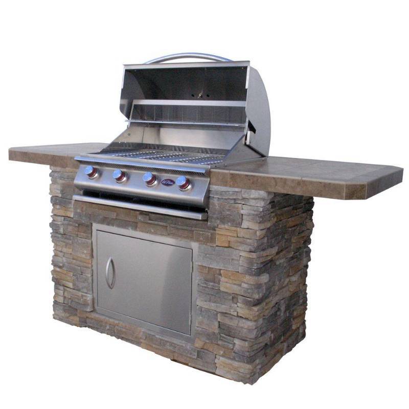lot 1 image: Cal Flame 7 ft. Cultured Stone BBQ Island with 4-Burner Grill in Stainless Steel, Bistro 470-AS - New Out of Box.