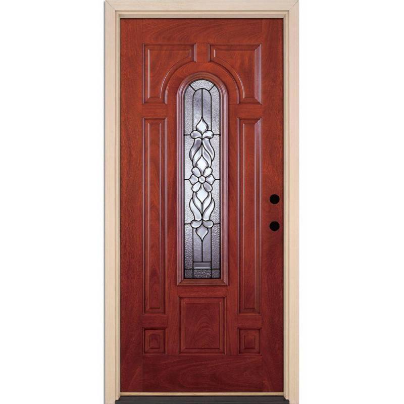 lot 169 image: Feather River Doors 37.5 in. x 81.625 in. Lakewood Patina Center Arch Lite Stained Cherry Mahogany Left-Hand Fiberglass Prehung Front Door, E23590
