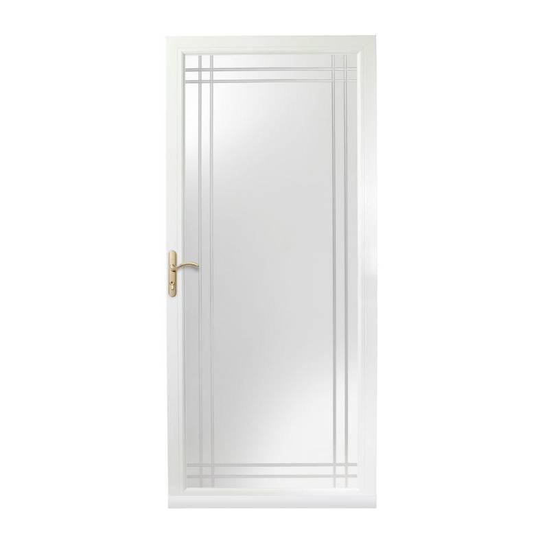 lot 257 image: Andersen 36 in. x 80 in. 3000 Series White Left-Hand Fullview Etched Glass Easy Install Aluminum Storm Door with Brass Hardware