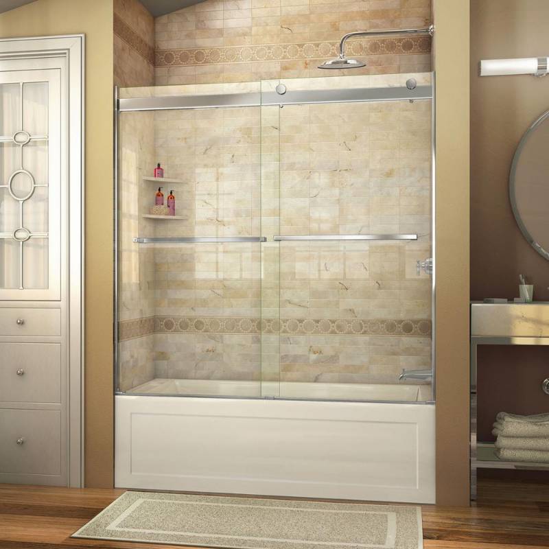 lot 260 image: Dreamline Essence 56 in. to 60 in. x 60 in. Semi-Frameless Sliding Tub Door in Brushed Nickel, SHDR-6360600-04