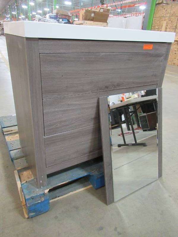 lot 255 image: Glacier Bay Woodbrook 36.5 in. W Bathroom Vanity in White Washed Oak with Cultured Marble Vanity Top in White with White Sink and Mirror, WB36P2-WO