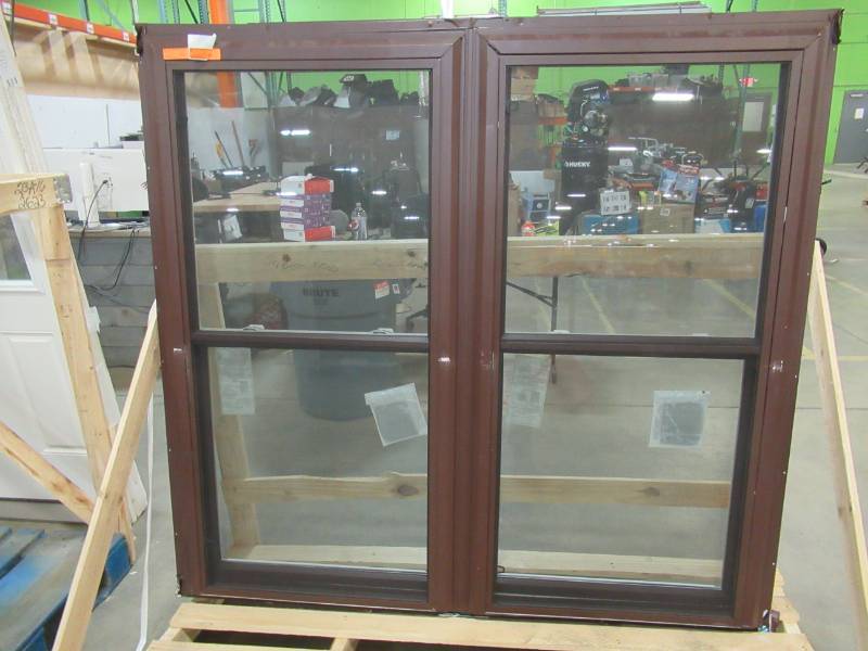 lot 264 image: Large Double-Wide Double Hung Window. Brown ExteriorWhite Vinyl Interior. Measures Approximately 67 X 63 X 4 916