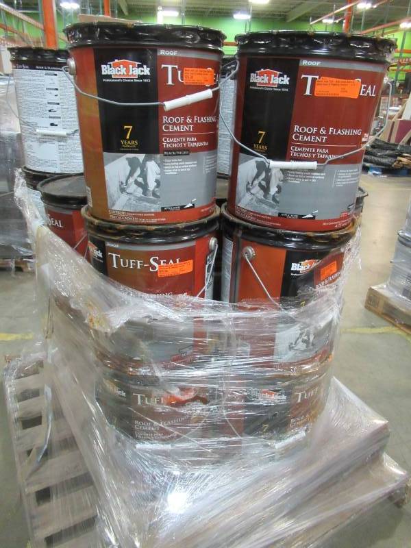 lot 34 image: 24 Containers of Black Jack Tuff-Seal Gloss Black Asphalt Roof & Flashing Cement - 4.75 Gallons. Model 1618628