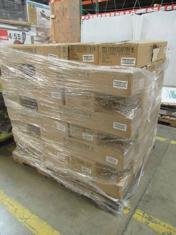 lot 137 image: WHOLESALE PALLET of 48 Cases of White 1 in. Light Filtering Vinyl Blinds - 27 in. W x 64 in. L, 20150503 (6 BlindsCase) New in Box. Breakaway cord