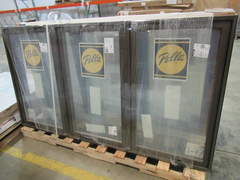 lot 151 image: Pella 3 Lite Casement Window. Side Windows Open, Center is fixed. Measures 75 X 5 12 X 41 Tall