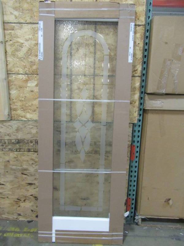 lot 167 image: Full Light 30 X 80 Door Slab.  FrostedClear Etched, Beveled Glass, No Bore, Primed White Frame